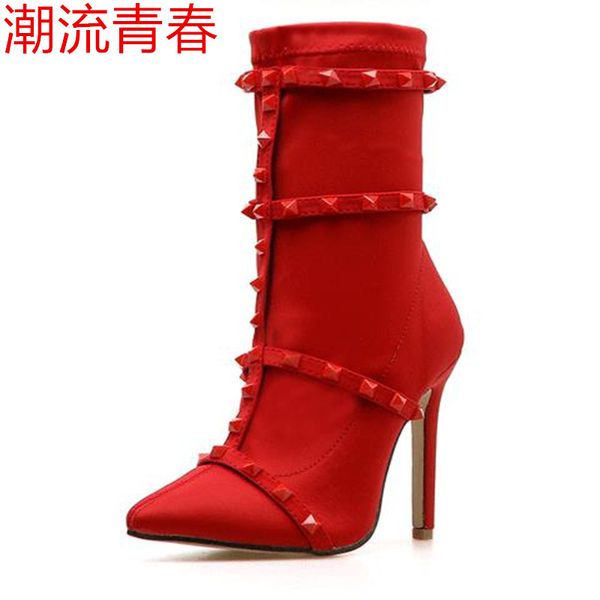 

fashion women ankle boots 11cm stiletto high heels fetish rivets silk pointed boots bootie scarpins studded red spring shoes, Black