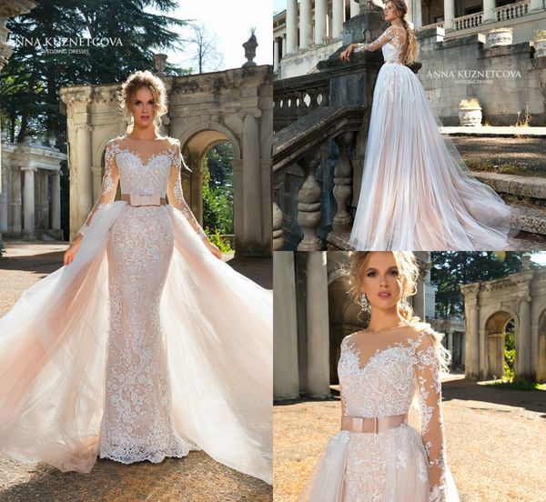 

2019 страна русалка свадебные платья с съемные юбка sheer jewel шея кружева аппликация с длинным рукавом свадебное платье пляж robe de marié, White