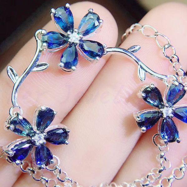 

natural real sapphire flower style chain bracelet 925 sterling silver 0.35ct*15pcs gemstone q204103, Golden;silver