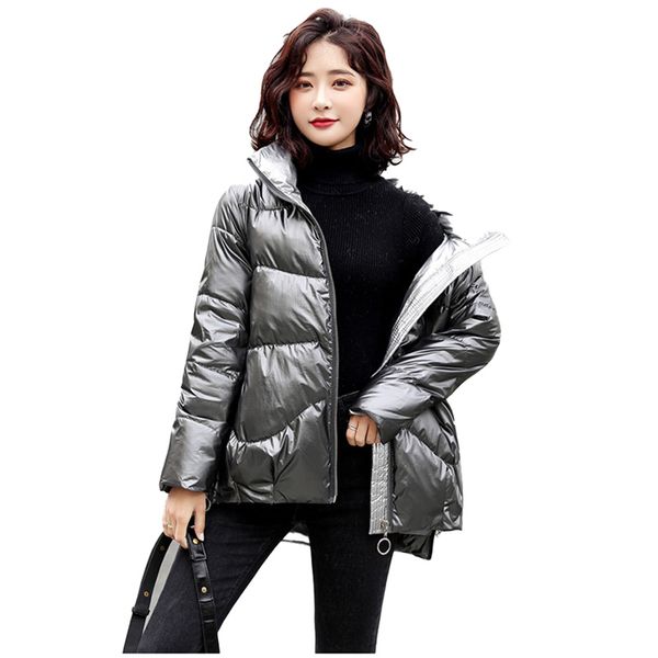 

winter coat women short jacket waist 2020 new korean fashion temperament loose bright thicklarge size simple wild coat z273, Black