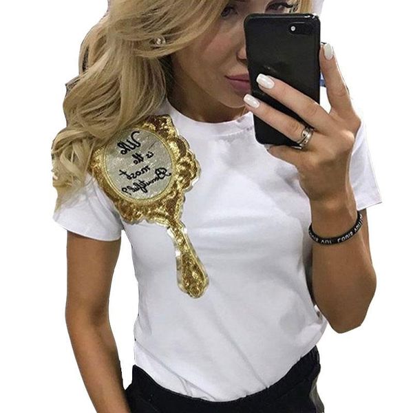 

wholesale sequin mirror printed t-shirt for women summer short sleeve t-shirts harajuku female t-shirt casual tees streetwear, White