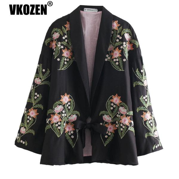 

women floral flower embroidery black kimono buttonless outwear, Black;brown