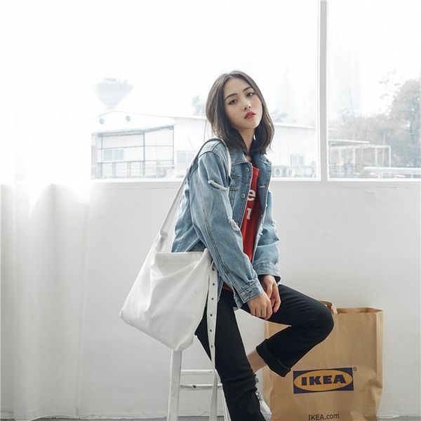 

canvas cotton simple cartoon print zipper shopping bags girls fashion solid color life casual pacakge hand bag