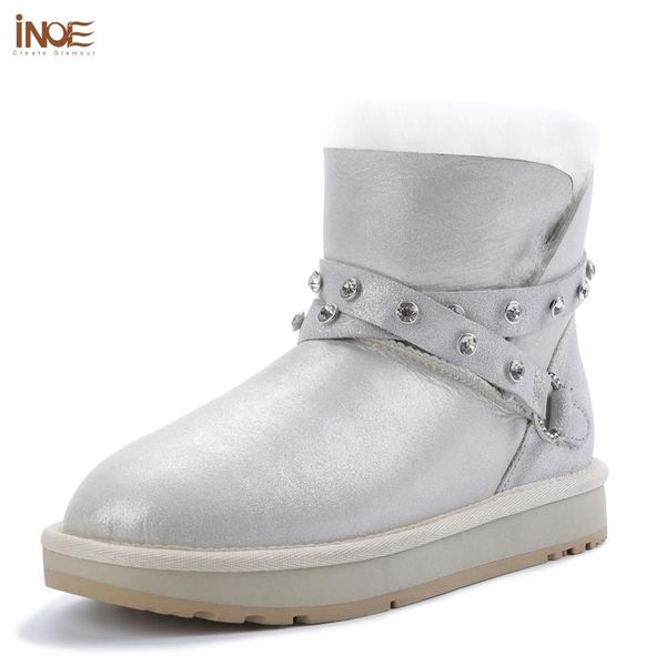 

inoe special sheepskin leather natural fur lined rhinestone strap fashion women white ankle winter boots warm shoes snow boots, Black