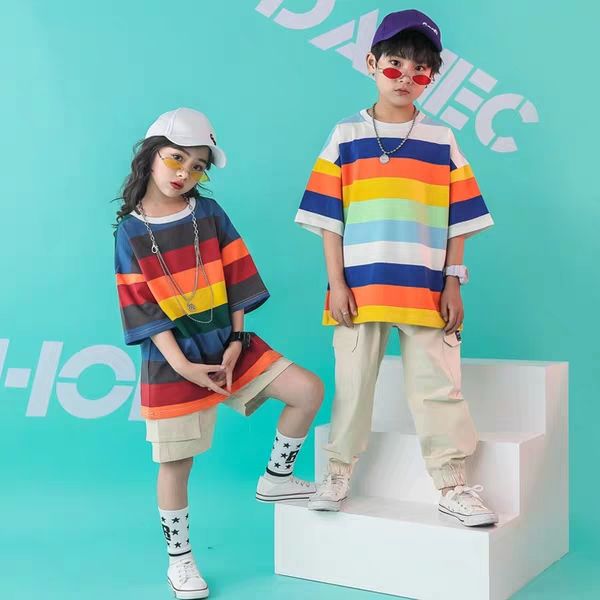 

kid stage dance hip hop costume rainbow striped t shirt sweat jeans clothes for boy girl children ballroom streetwear clothing, White