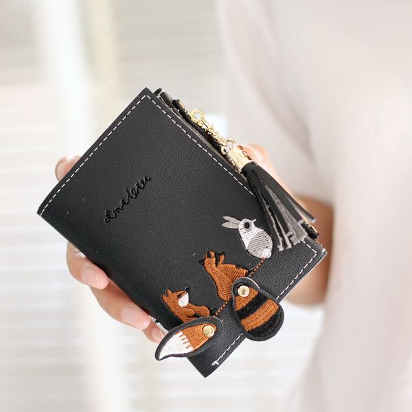 

jiulin individuality pu leather hasp zipper mini coin card holder women cute cartoon embroidery wallet short purse popular purse, Red;black