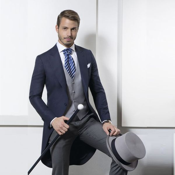 

long navy blue coats tailcoat morning coat wedding suits for men male blazer slim fit suit with striped pants party 3 pieces, White;black