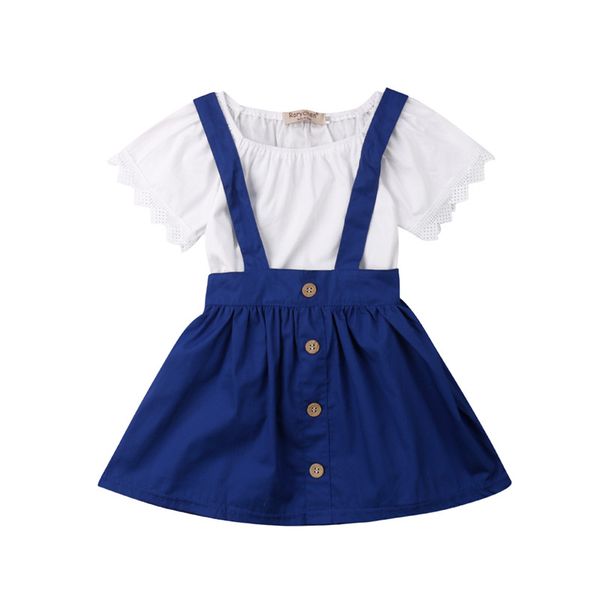 

2pcs newborn infant baby girl outfits lace short sleeve t-shirt clothes set strap overall skirt summer cotton girls, White