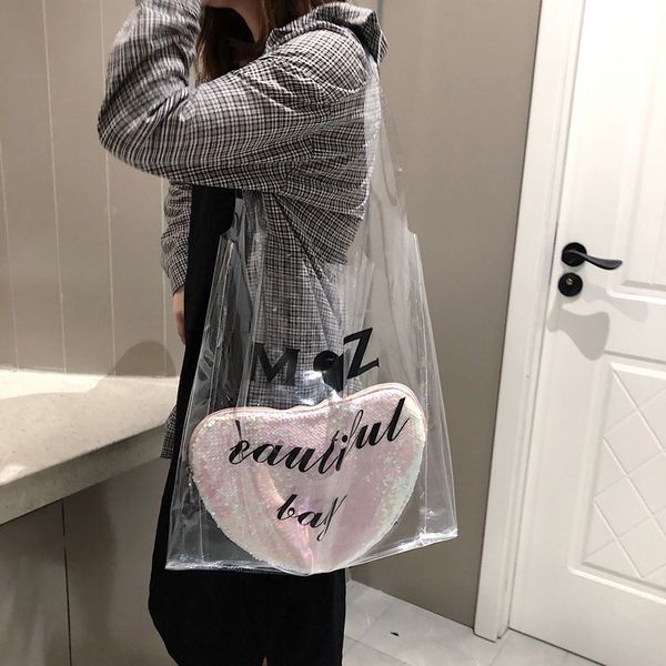 

reusable women canvas shopping bags female transparent pvc leather bag jelly casual soft shoulder tote bag messenger handbags