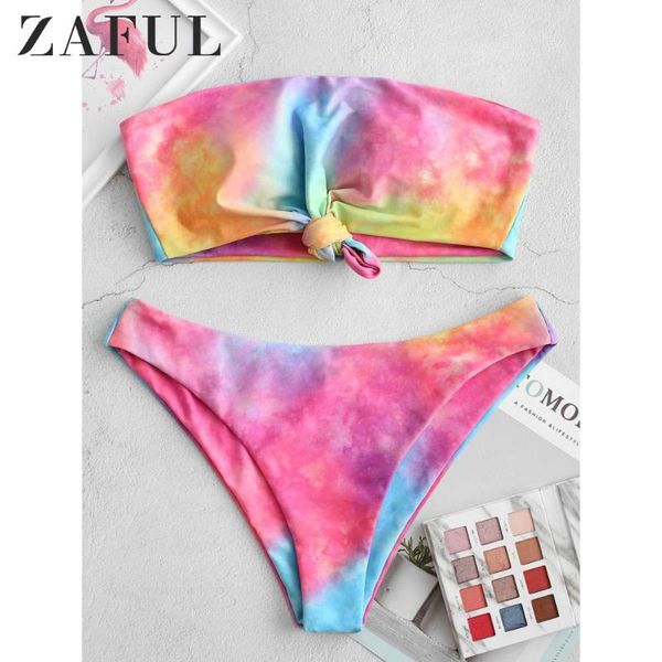 

bikinis set zaful tie dye knotted bandeau bikini swimsuit for women multicolor twist tube padded slim fit two pieces swimsuit2021