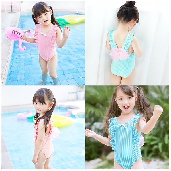

2020 children's girl butterfly swimsuit pink blue green orange striped bow cute one-piece spring swimsuit combination, White;black