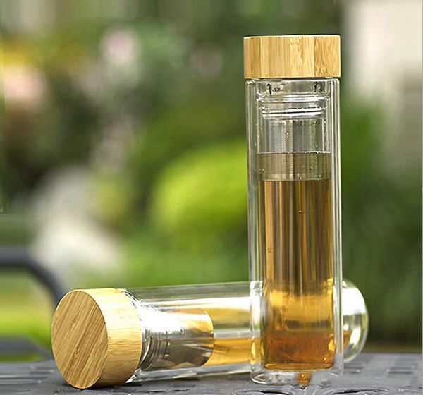 

2020 new high boron silicon double layer bamboo cover glass cup water bottle business gifts cup with tea funnel thick heat insulation an3025
