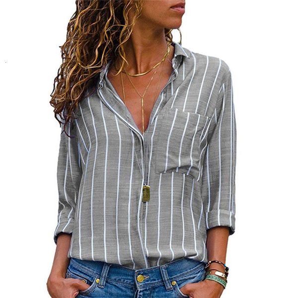 

plus size blouse women womens fashion loose blouse lapel casual striped button up shirt autumn plus size office ol blouse, White