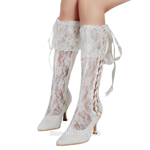 

mb-081 ivory women bride shoes knee-high wedding party pointy toe ribbon med heel side zipper satin soft lace bridal boots, Black