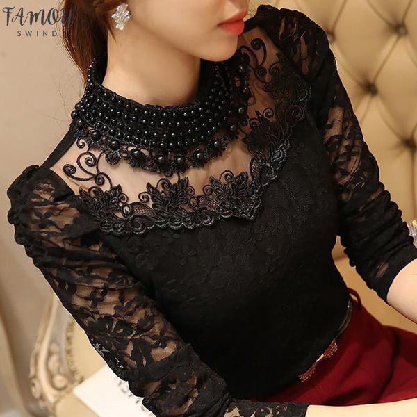 

женщины сексуальная блузка новый тонкий плюс размер 3xl топы с длинным рукавом повседневная рубашка бисером ажурные женские топы, White