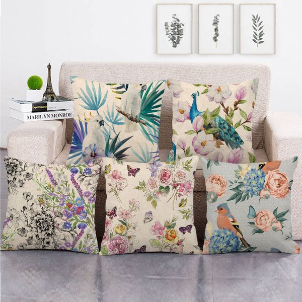 

45cm*45cm watercolor birds and leaves linen/cotton throw pillow covers couch cushion cover home decor pillow