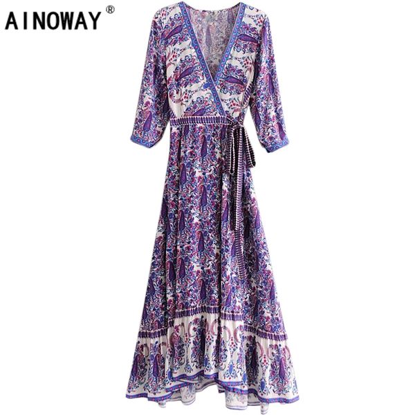 

vintage chic women floral print beach bohemian maxi dress ladies cross v neck sashes rayon happie boho dress vestidos, Black;pink
