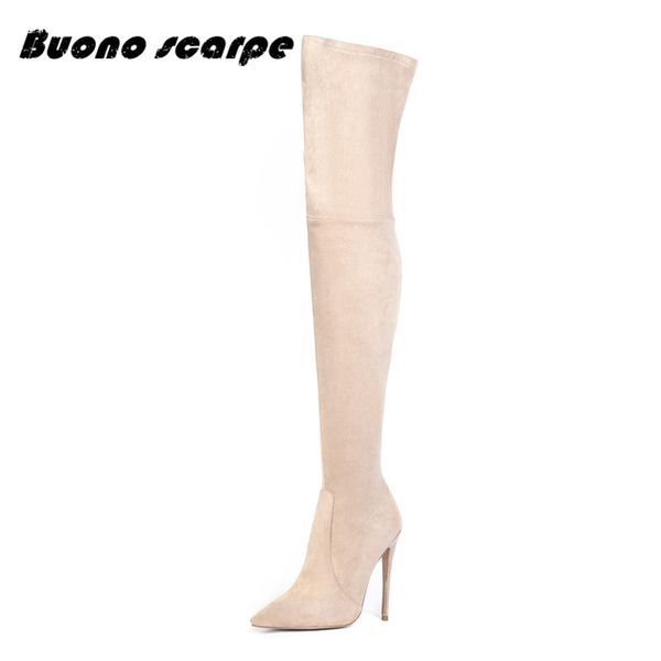 

buonoscarpe 2019 winter new suede pointed stilettos plus velvet warm elastic slimming over the knee long boots women boots, Black