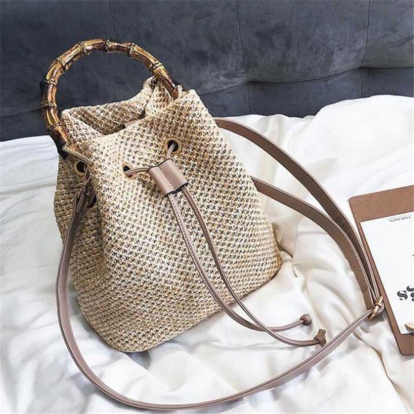 

shoulder bags female rattan messenger bag handmade women summer beach straw bags bucket crossbody hard handle bag