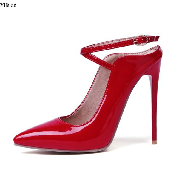 

rontic women shiny pumps high heels 12 cm buckle strap pumps pointed toe ladies party office shoes women us size 3-15, Black