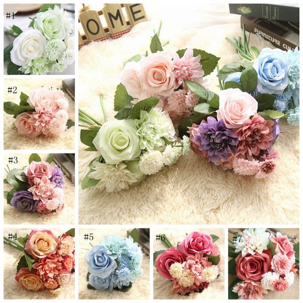 

artificial flowers bouquet silk rose dahlia flowers rose wedding decorative flower bride bouquets party wedding event 7 colors cyl-yw3937