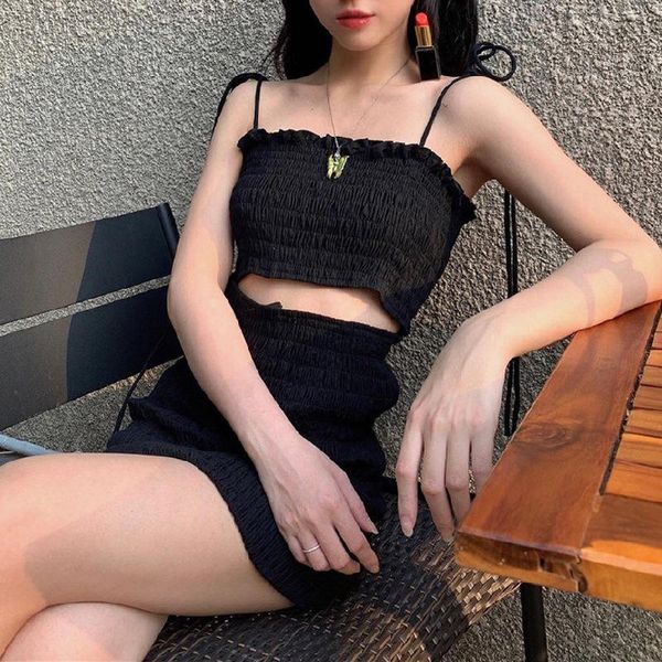 

women's summer solid color sleeveless elastic hollow out dress spaghetti strap cocktail party pleated dresses, Black;gray