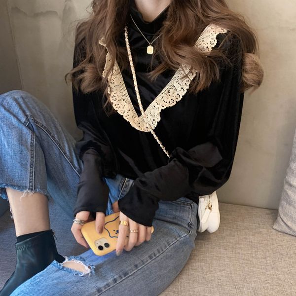 

shirt female design sense niche lace stitching gold velvet autumn and winter retro long-sleeve turtleneck sleeves blouses, White
