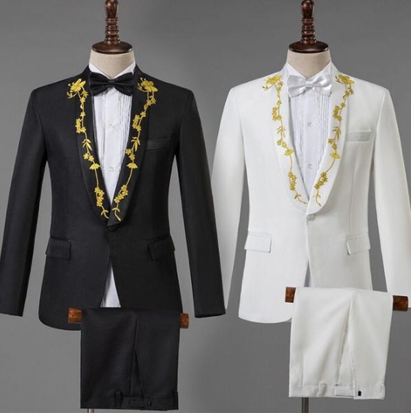 

collar embroidered blazer men groom suit set with pants mens wedding suits costume singer star style stage clothing formal dress, White;black