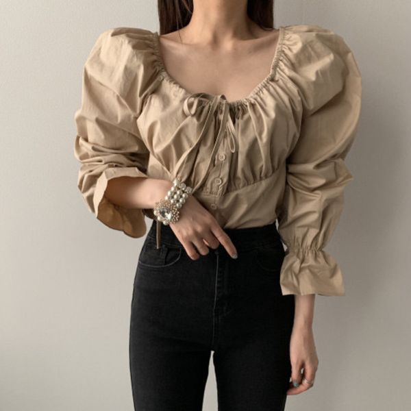 

ewq] flare sleevelace-up crinkled exposed clavicle-fold retro women's shirt korea square collar khaki ladies blouse qx916, White