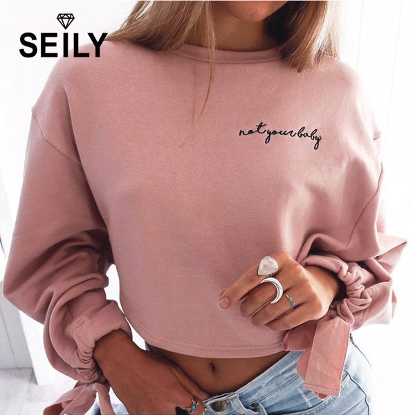 

seily kawaii harajuku letter cropped hoodie womens eyelet tie long sleeve crop hoodies pullover short sweatshirt, Black