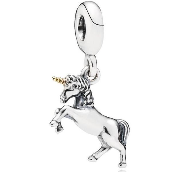 

real s925 sterling silver unicorn horse dangle charms pendant fit for pandora bracelet diy bead charm with gold plated horn, Black