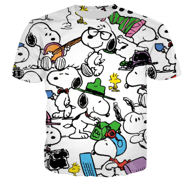 

2019 классический мультфильм snoopy новые горячие продажа мода лето с коротким рукавом футболка печати мужчины женщины 3d футболка повседнев, White;black
