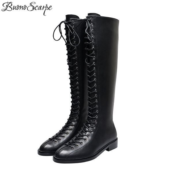 

buono scarpe cross tied black knee high boots mujer ladies long leather boots motorcycle women genuine leather punk shoes