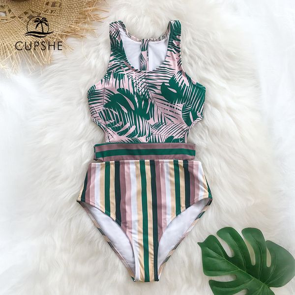 

cupshe пальмы и stripes цельный купальник женщин сексуальное узелок tank top cut out монокини 2020 девушки пляж купальники купальники, White;black