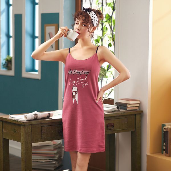 

young women's nightgown sleeveless strap women sleeping dress cotton halter nightgowns suspender sleepwear night wear gown 2019, Black;red