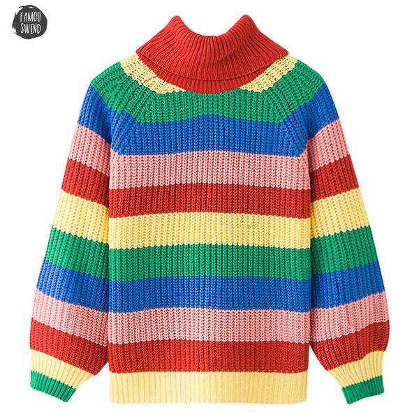 

colorful rainbow stripe sweaters print women casual autumn fashion turtleneck knitwear loose pullovers jumper pull pullover femme, White;black
