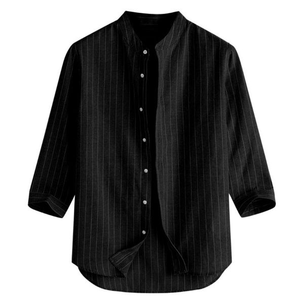 

men's casual shirts men summer striped stand collar 7 points sleeve button cotton shirt breathable style solid male, White;black