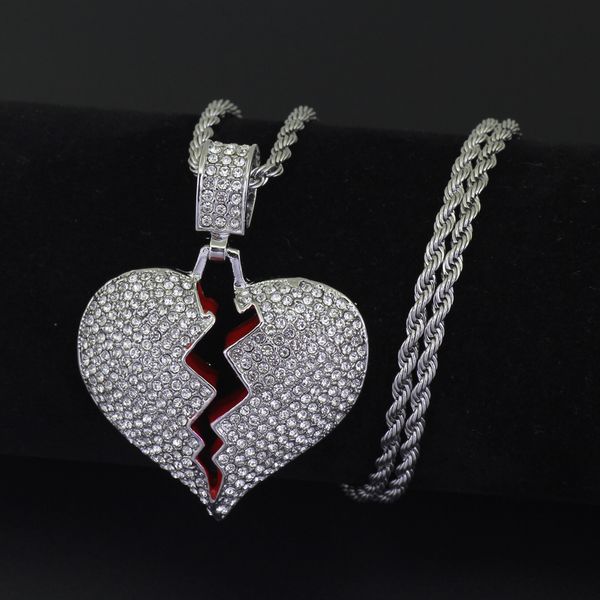 

2019 Hot Hip Hop Jewelry Iced Out Broken Love Heart Pendant Necklace Charm Bling Crystal Rhinestone Necklaces Twisted Chain Women Men M065F