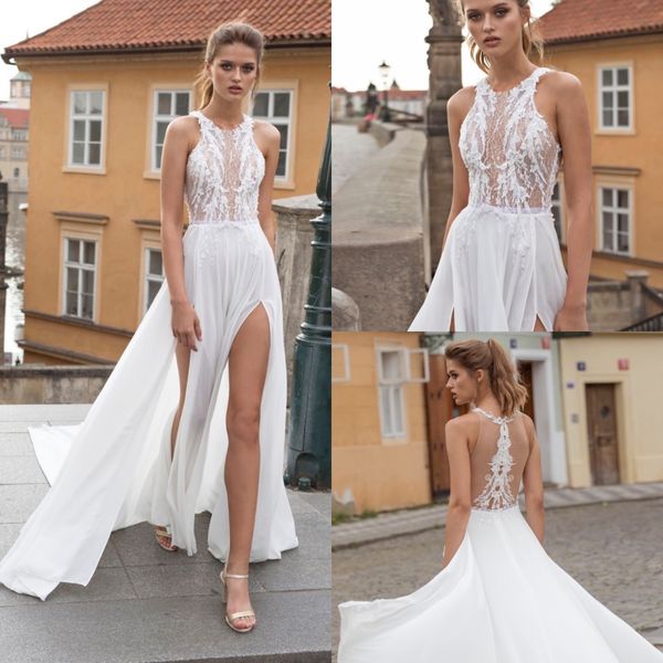 

chiffon wedding dresses 2020 with slit high neck a line 3d floral lace applique backless bridal wedding gowns