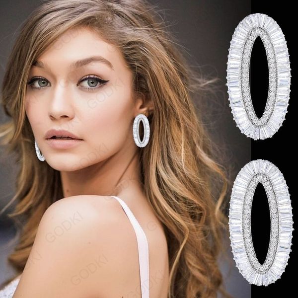 

godki 39mm luxury oval shape stud earrings for women wedding cubic zirconia cz dubai bridal earrings boucle d'oreille femme 2018 t71906, Golden;silver