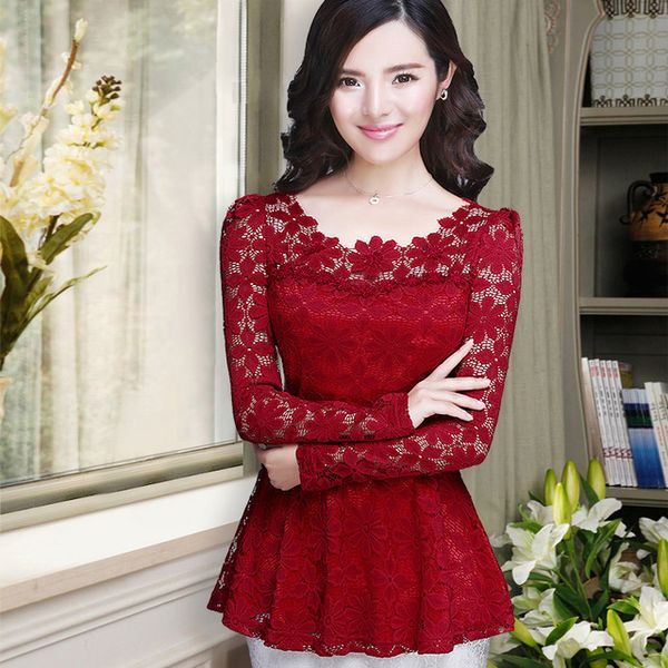 

women lace blouse shirts plus size ruffle long sleeves casual lace shirt s-5xl, White