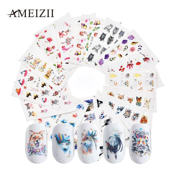 

ameizii 15/20/24pcs nail art stickers watercolor flower deer flamingo water decals nail transfer slider sticker diy decorations, Black