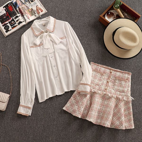 

autumn the new dress of 2019, net red, western-style shirt, tweed skirt and two-piece suit for female spring, White