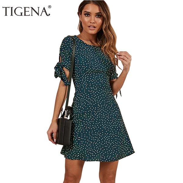 

tigena green red chiffon polka dot dress summer women sundress 2019 tunic short sleeve mini short holiday beach dress lady, Black;gray