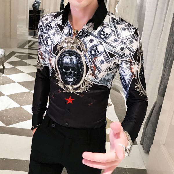 

skulls priint shirt men long sleeve social shirts 2019 autumn streetwear casual slim fit shirts night club work shirt camisa, White;black