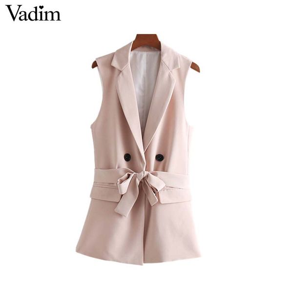 

vadim women elegant pocket waist coat sleeveless vests bow tie sashes single button jacket pink outwear feminino ma023, Black;white