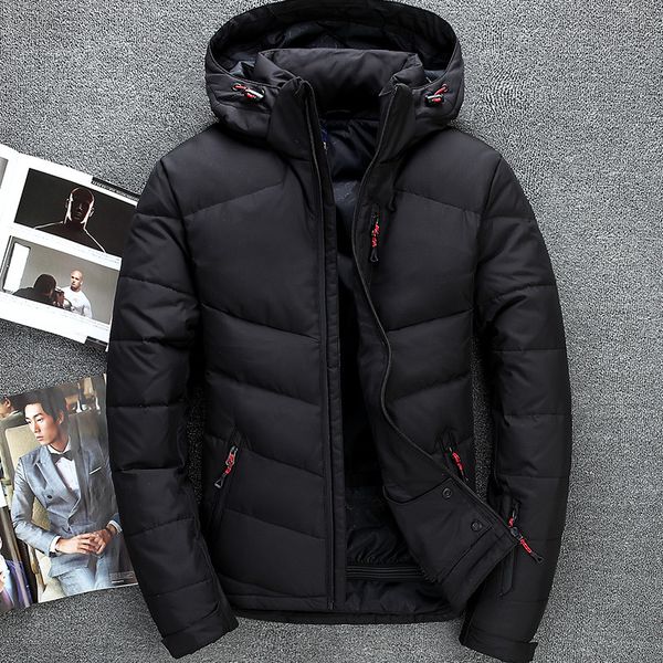 

nice winter warm down jacket paste buckle zipper pocket thick warm men fashion casual hooded parker coat grey blue black