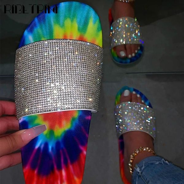 

RIBETRINI Fashion Ins Female Cool Shining Rhinestone Shoes Colorful Print Women Slides Summer Casual Flat Heel Slides, Black