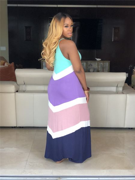 

Womens Summer Striped Print Sleeveless Dresses Spagherri Strap Floor Length Fashion Clothing Sexy Beach Party Apparel