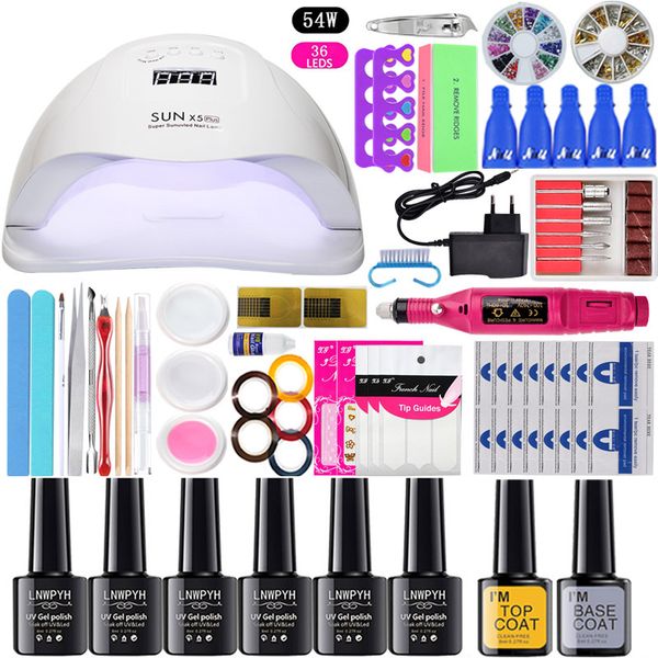 

nail set kit 54/36w uv lamp manicure set 6 colors gel varnish nail drill machine kit extension file tool